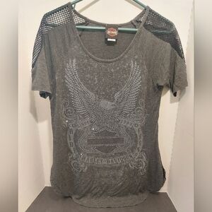 Harley Davidson XL scoop neck T Shirt Top lace Sequin Bedazzled Mesh Lacy Eagle